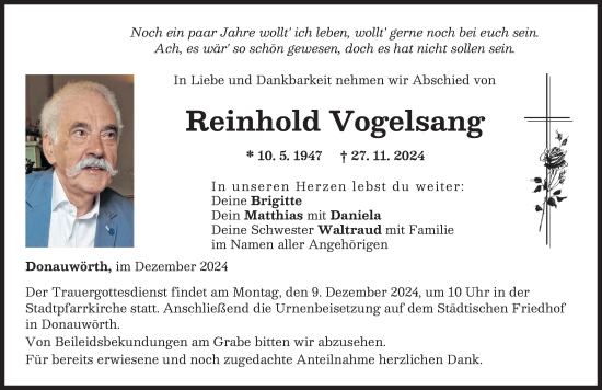 Traueranzeige von Reinhold Vogelsang von Donauwörther Zeitung