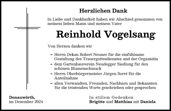 Traueranzeige von Reinhold Vogelsang von Donauwörther Zeitung