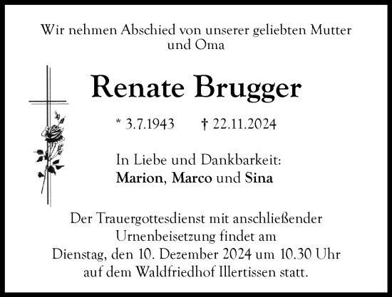 Traueranzeige von Renate Brugger von Illertisser Zeitung