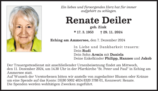 Traueranzeige von Renate Deiler von Landsberger Tagblatt