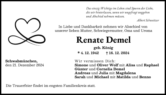 Traueranzeige von Renate Demel von Schwabmünchner Allgemeine