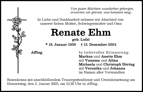 Traueranzeige von Renate Ehm von Aichacher Nachrichten