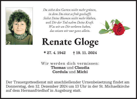 Traueranzeige von Renate Gloge von Augsburger Allgemeine