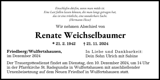 Traueranzeige von Renate Weichselbaumer von Friedberger Allgemeine