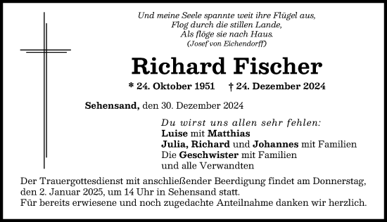 Traueranzeige von Richard Fischer von Neuburger Rundschau