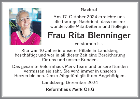 Traueranzeige von Rita Blenninger von Landsberger Tagblatt