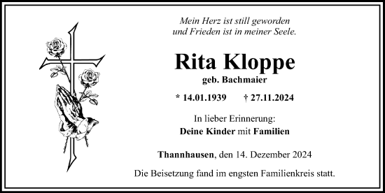 Traueranzeige von Rita Kloppe von Mittelschwäbische Nachrichten