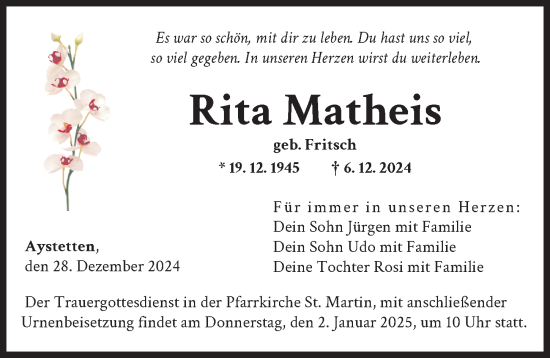 Traueranzeige von Rita Matheis von Augsburger Allgemeine