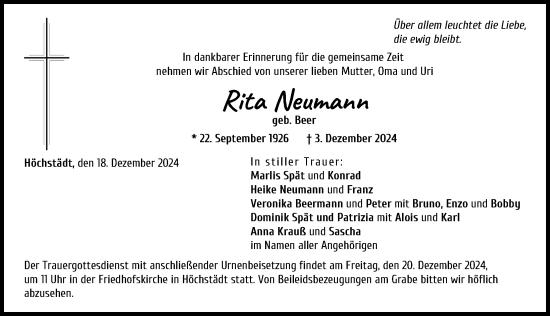 Traueranzeige von Rita Neumann von Donau Zeitung