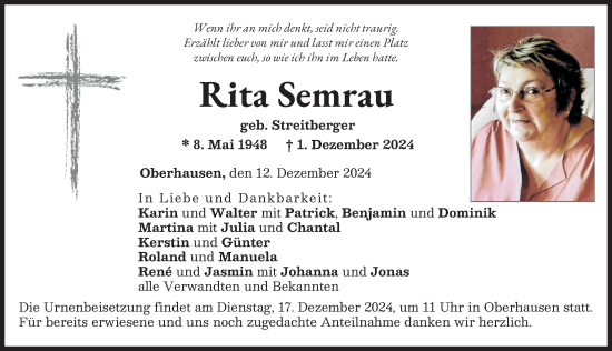 Traueranzeige von Rita Semrau von Neuburger Rundschau