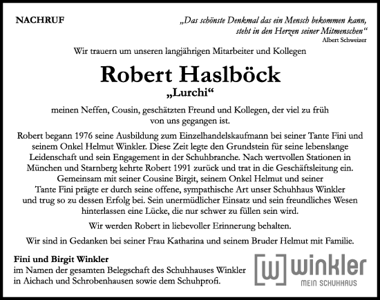 Traueranzeige von Robert Haslböck von Aichacher Nachrichten