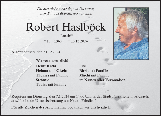 Traueranzeige von Robert Haslböck von Aichacher Nachrichten