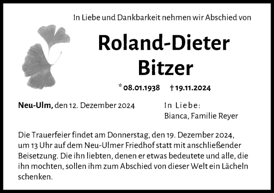 Traueranzeige von Roland-Dieter Bitzer von Neu-Ulmer Zeitung