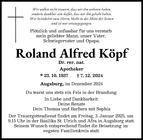 Traueranzeige von Roland Köpf von Augsburger Allgemeine