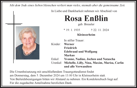 Traueranzeige von Rosa Enßlin von Rieser Nachrichten