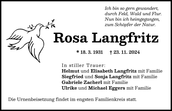 Traueranzeige von Rosa Langfritz von Schwabmünchner Allgemeine