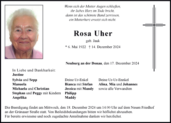 Traueranzeige von Rosa Uher von Neuburger Rundschau