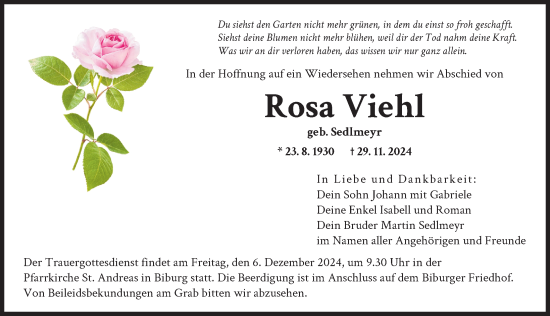 Traueranzeige von Rosa Viehl von Augsburger Allgemeine