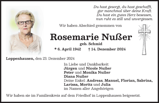 Traueranzeige von Rosemarie Nußer von Mindelheimer Zeitung