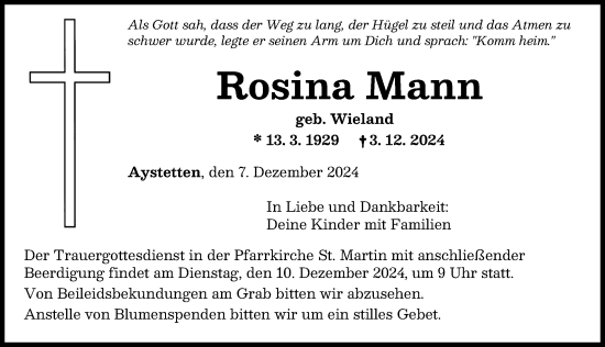 Traueranzeige von Rosina Mann von Augsburger Allgemeine