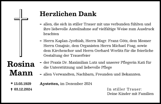 Traueranzeige von Rosina Mann von Augsburger Allgemeine