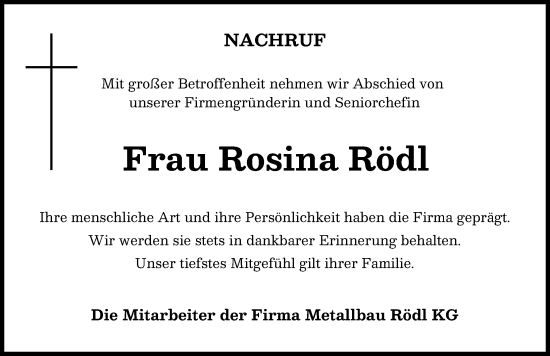 Traueranzeige von Rosina Rödl von Donauwörther Zeitung