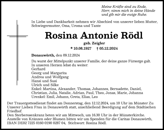 Traueranzeige von Rosina Rödl von Donauwörther Zeitung