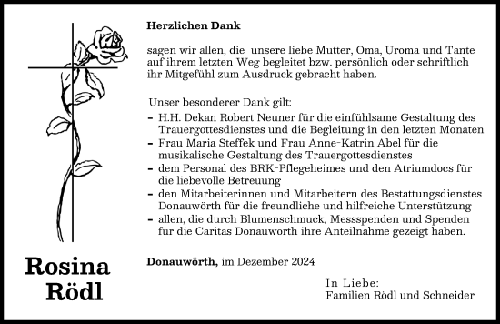 Traueranzeige von Rosina Rödl von Donauwörther Zeitung