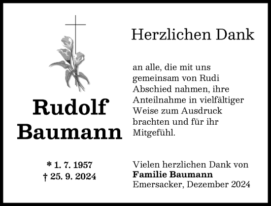 Traueranzeige von Rudolf Baumann von Wertinger Zeitung, Augsburger Allgemeine