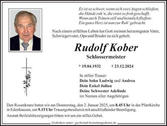 Traueranzeige von Rudolf Kober von Mittelschwäbische Nachrichten