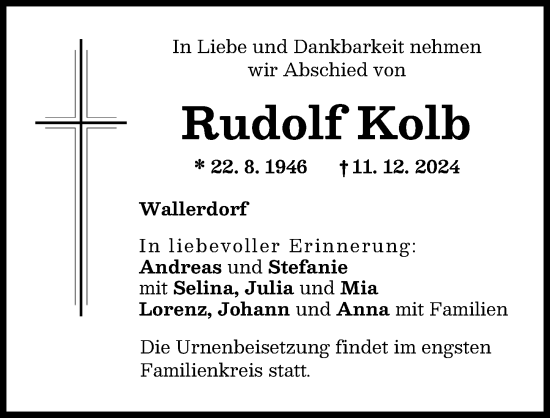 Traueranzeige von Rudolf Kolb von Donauwörther Zeitung