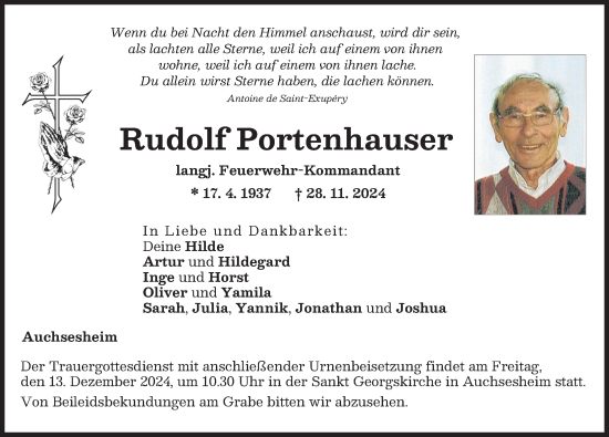 Traueranzeige von Rudolf Portenhauser von Donauwörther Zeitung