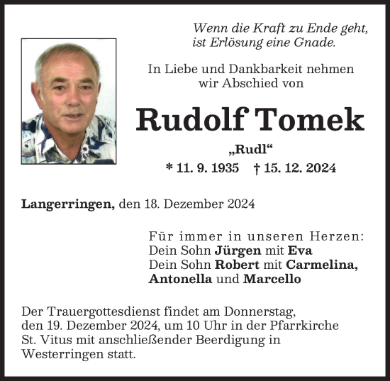Traueranzeige von Rudolf Tomek von Schwabmünchner Allgemeine