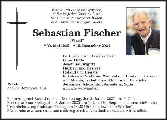 Traueranzeige von Sebastian Fischer von Neuburger Rundschau