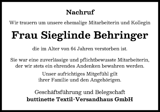 Traueranzeige von Sieglinde Behringer von Donau Zeitung, Wertinger Zeitung