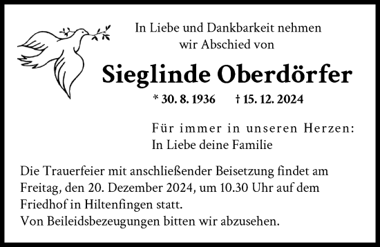 Traueranzeige von Sieglinde Oberdörfer von Schwabmünchner Allgemeine