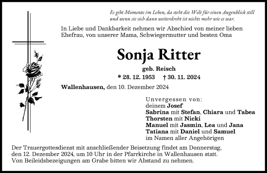 Traueranzeige von Sonja Ritter von Neu-Ulmer Zeitung