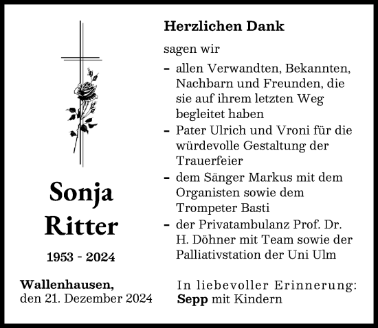 Traueranzeige von Sonja Ritter von Neu-Ulmer Zeitung