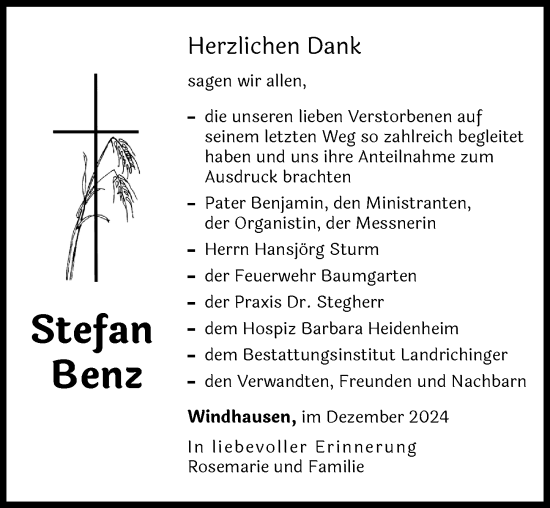 Traueranzeige von Stefan Benz von Donau Zeitung