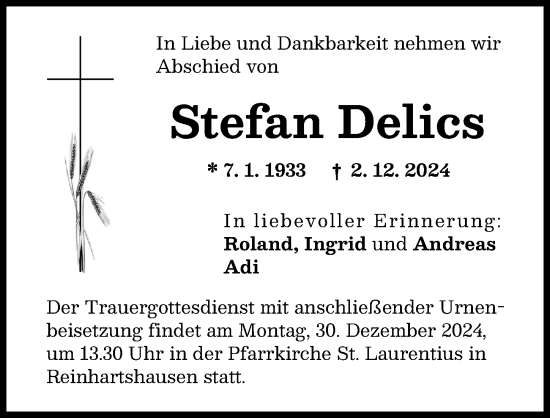 Traueranzeige von Stefan Delics von Schwabmünchner Allgemeine