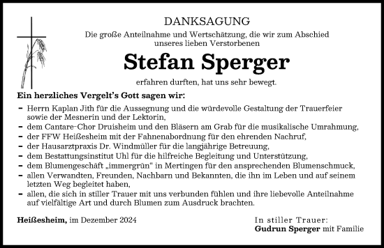 Traueranzeige von Stefan Sperger von Donauwörther Zeitung