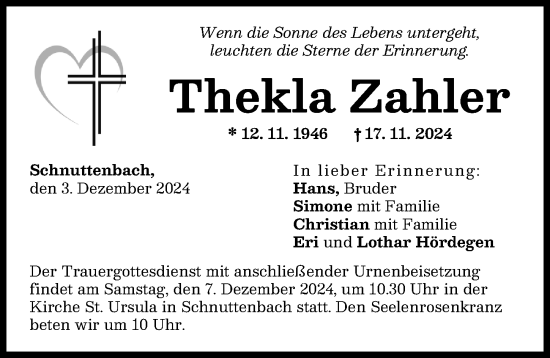 Traueranzeige von Thekla Zahler von Günzburger Zeitung