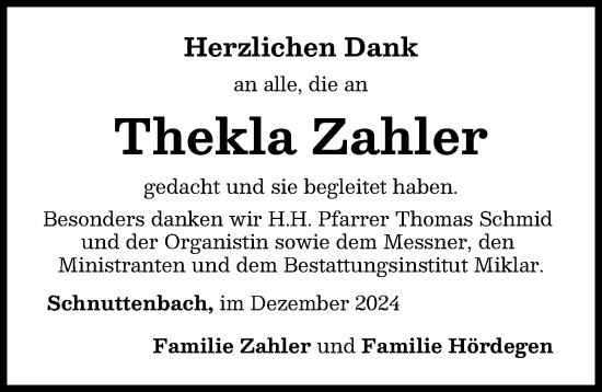 Traueranzeige von Thekla Zahler von Günzburger Zeitung