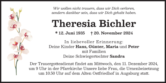 Traueranzeige von Theresia Bichler von Augsburger Allgemeine
