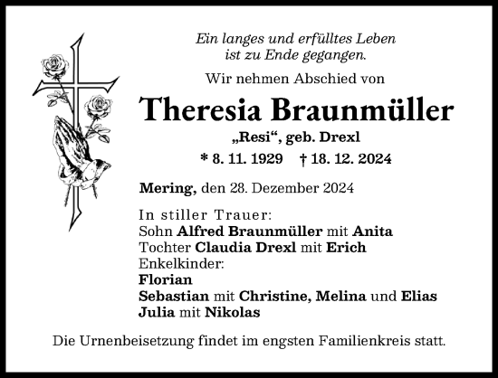 Traueranzeige von Theresia Braunmüller von Augsburger Allgemeine