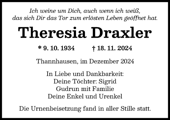 Traueranzeige von Theresia Draxler von Mittelschwäbische Nachrichten