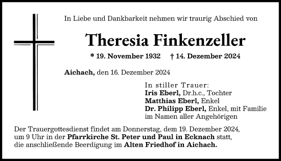 Traueranzeige von Theresia Finkenzeller von Aichacher Nachrichten
