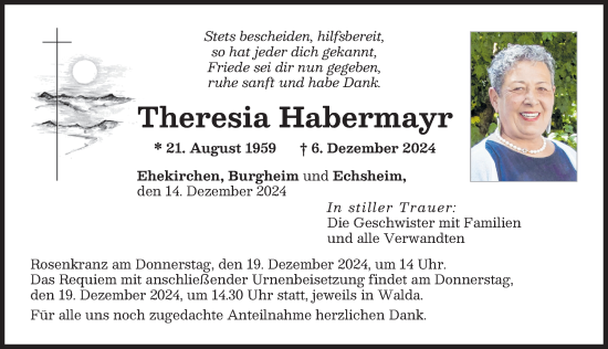 Traueranzeige von Theresia Habermayr von Neuburger Rundschau