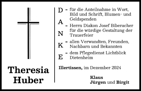 Traueranzeige von Theresia Huber von Illertisser Zeitung