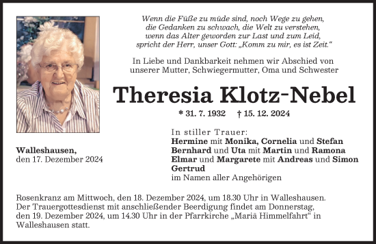 Traueranzeige von Theresia Klotz-Nebel von Landsberger Tagblatt